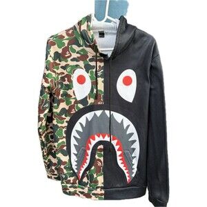 BAPE Shark Hoodie Split Camo Black Pullover Mens Large Runs Small Streetwear
